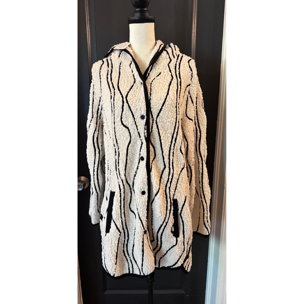 Radzoli Cream Black Sherpa Fleece Coat Womens M  NWT Hooded Wavy Stripe Cardigan